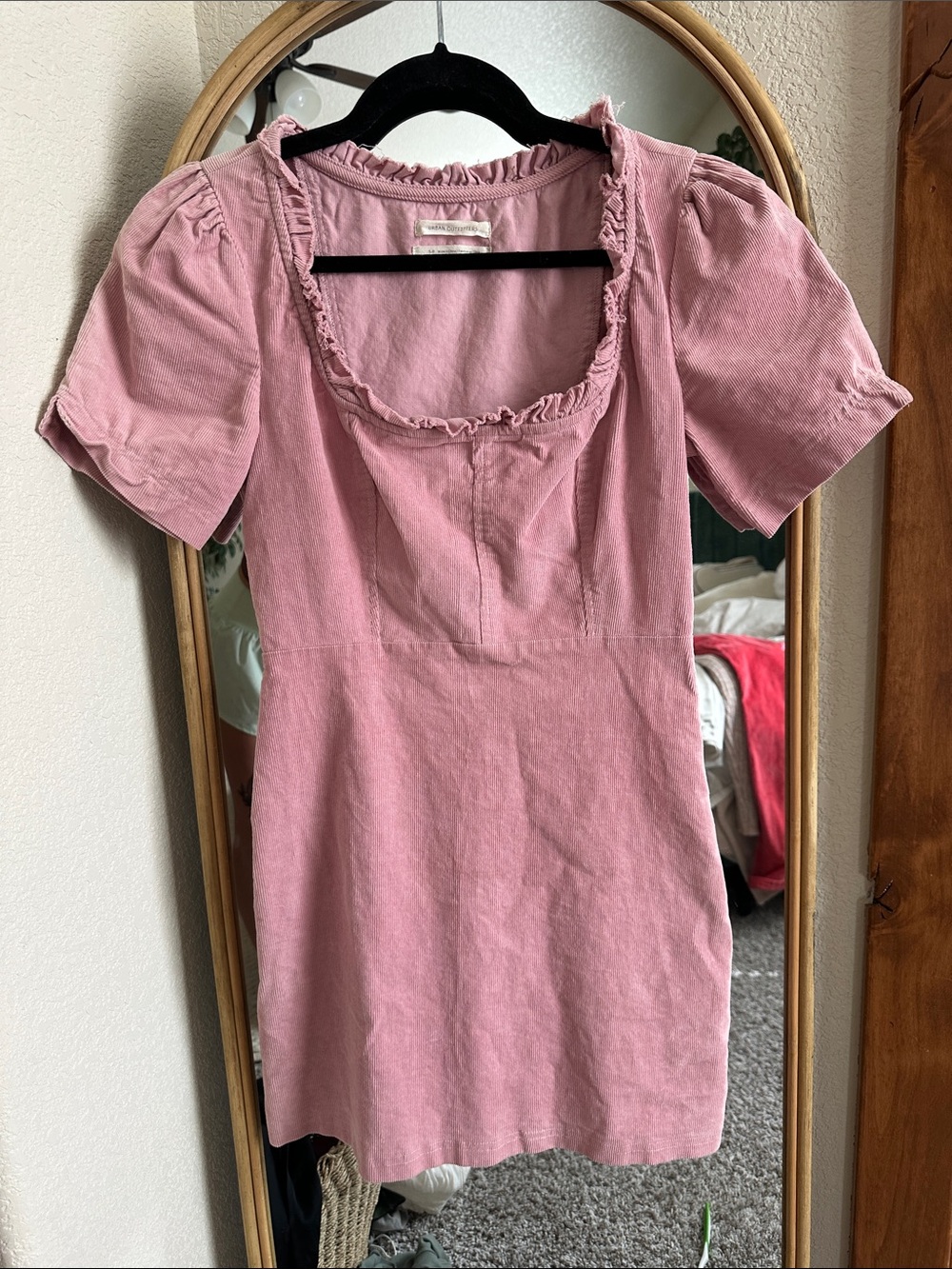 Urban Outfitters Dusty Rose Corduroy Ruffle Square Neck Mini Dress